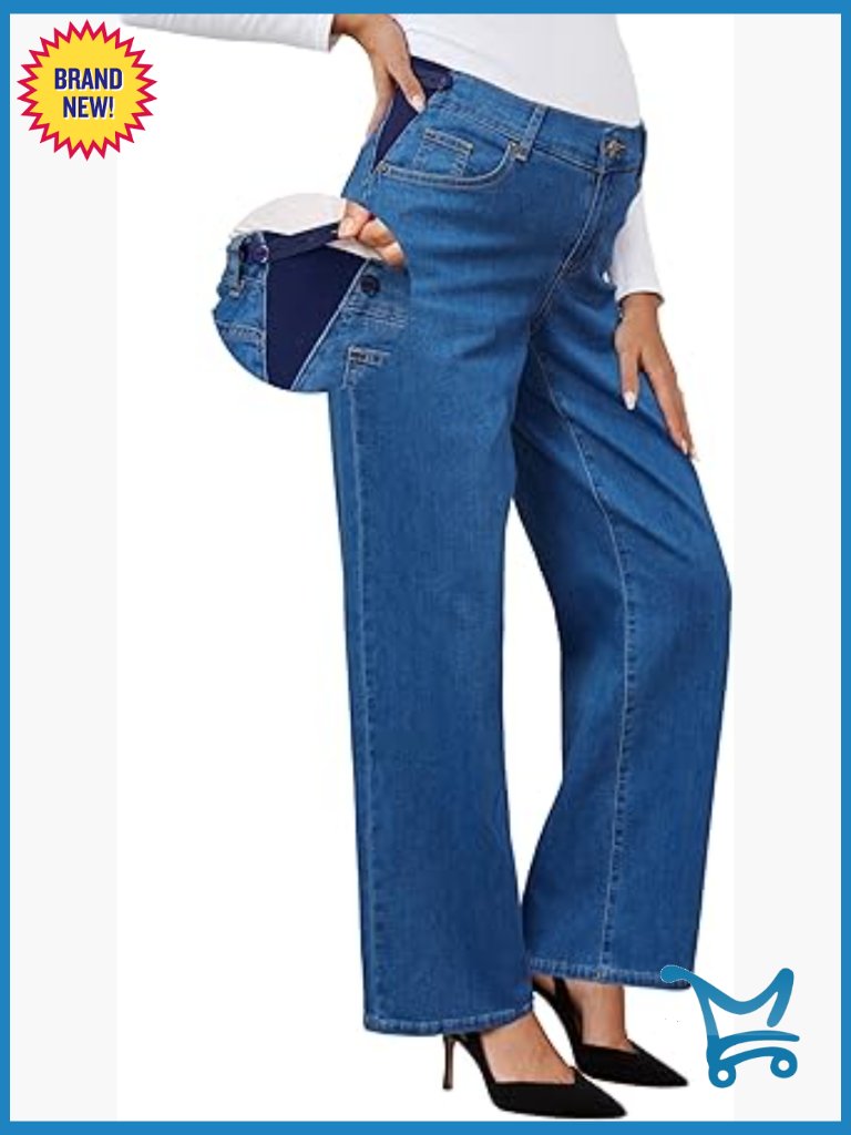 Adjustable Waistband Maternity Jeans Loose Fit Straight Leg Wide Leg Work Pants